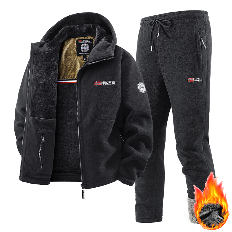 Winter Clothing Pk - ชุดกีฬาฤดูหนาวใหม่สำหรับผู้ชาย ชุดเทรนนิ่งสไตล์เรโทร เสื้อแจ็คเก็ตมีฮู้ดผ้าฟลีซหนา + กางเกง ชุดสองชิ้น