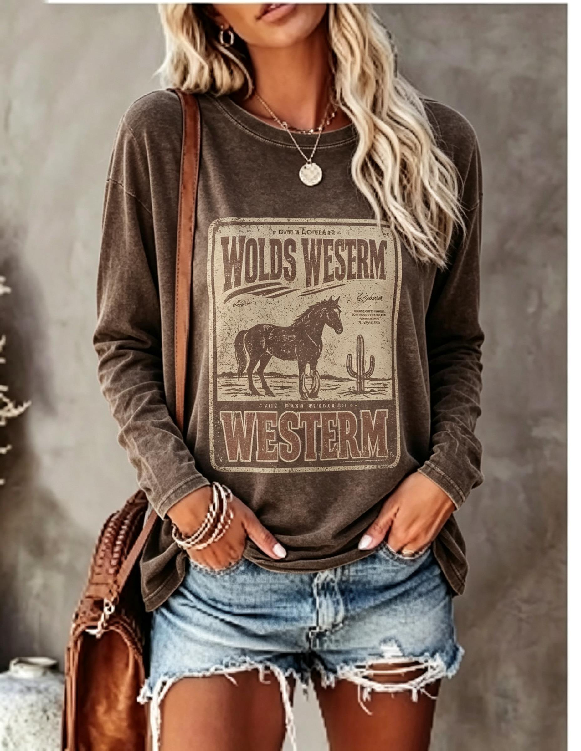 Winter Clothing For Women - เสื้อยืดแขนยาวผู้หญิง ลายโปสเตอร์วินเทจ ลายม้าและกระบองเพชร สไตล์ตะวันตก คอกลม เสื้อลำลองสำหรับฤดูใบไม้ร่วง