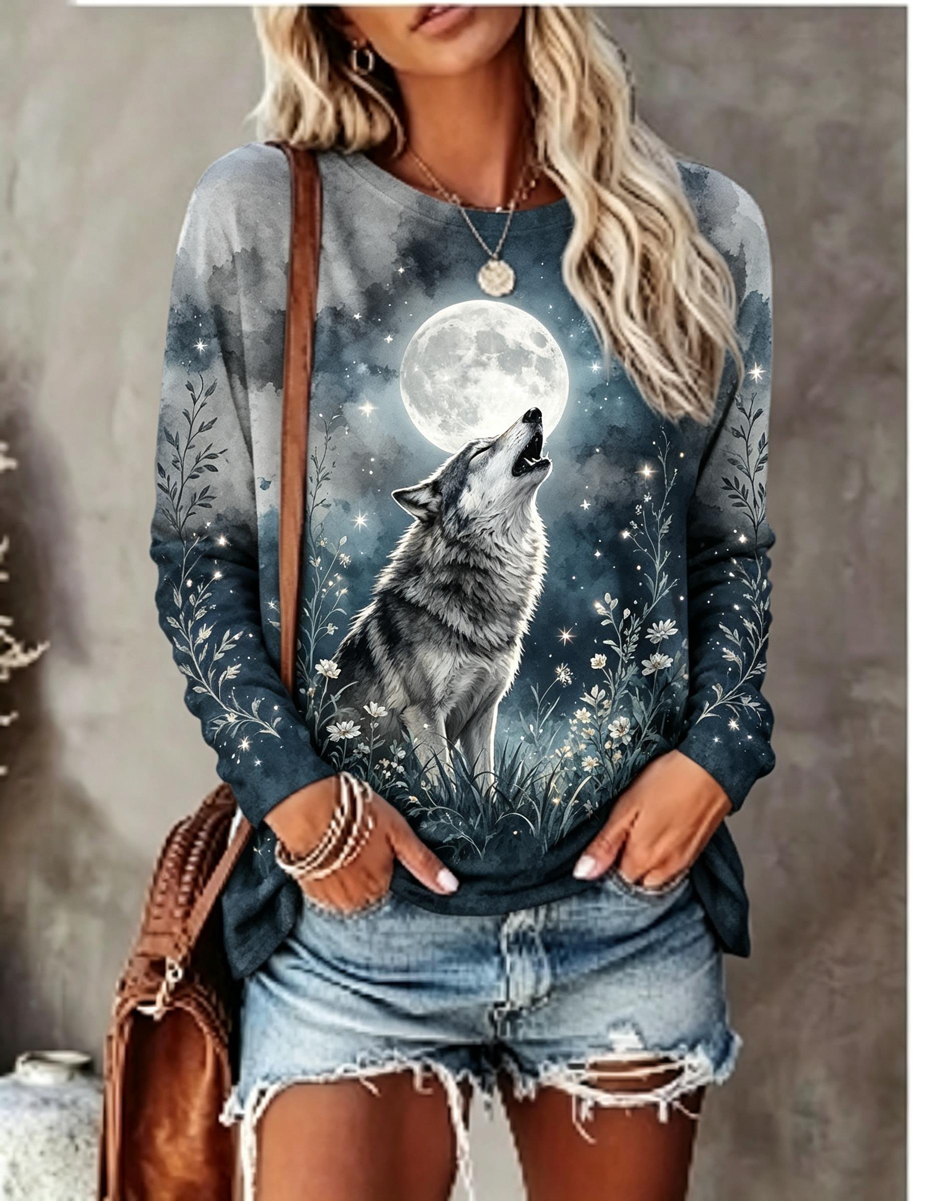 เสื้อยืดแขนยาวผู้หญิง ลายหมาป่ - Winter Clothing For Women บทวิจารณ์และราคา